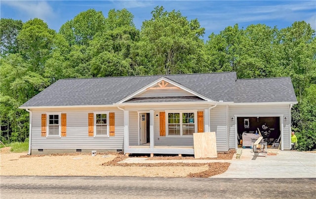 324 Code Cir, Seneca, SC 29678 - single story home featuring an attached garage, crawl space, concrete driveway, a porch, and roof with shingles