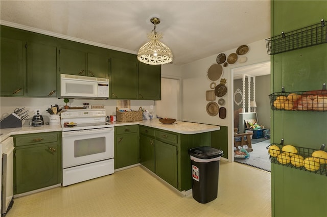 203 Greenmeadow Cir, Anderson, SC 29626 - kitchen featuring white appliances, green cabinets, a peninsula, and light countertops