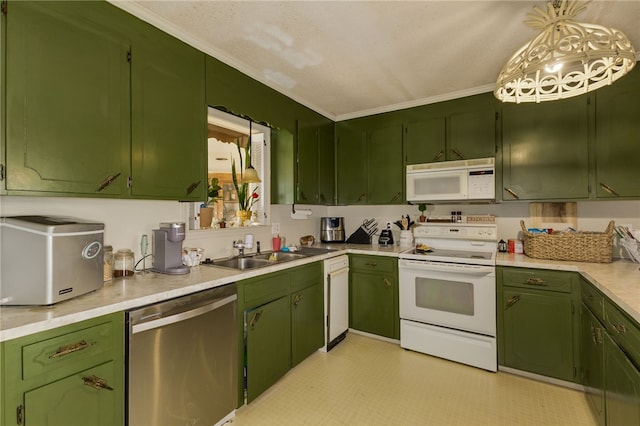 203 Greenmeadow Cir, Anderson, SC 29626 - kitchen featuring white appliances, a sink, ornamental molding, and light countertops