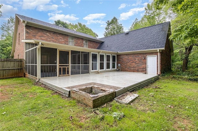 503 Columbine Ct, Easley, SC 29642 - rear view of property featuring a sunroom, an outdoor fire pit, a deck, and brick siding