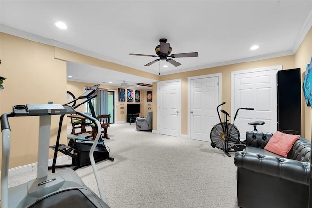 exercise room featuring ceiling fan, ornamental molding, recessed lighting, baseboards, and carpet