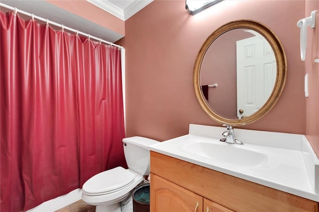 bathroom featuring toilet, vanity, crown molding, and curtained shower