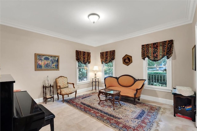 sitting room with ornamental molding and baseboards