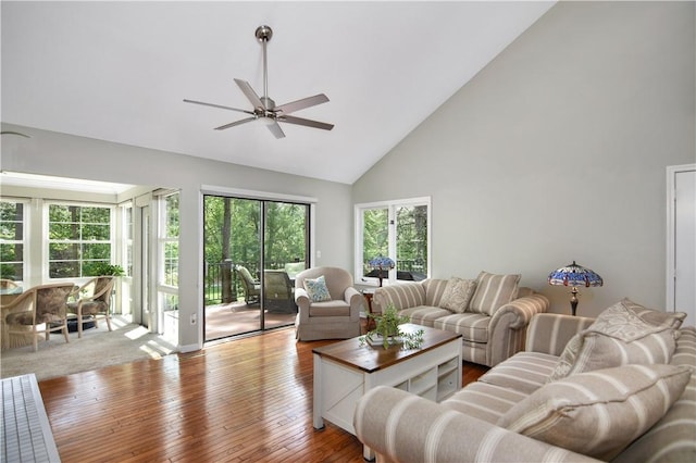 32 Par Harbor Way, Salem, SC 29676 - living room with high vaulted ceiling, ceiling fan, and wood-type flooring