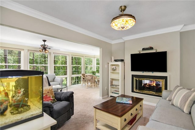 32 Par Harbor Way, Salem, SC 29676 - carpeted living area featuring crown molding, a multi sided fireplace, ceiling fan, and baseboards