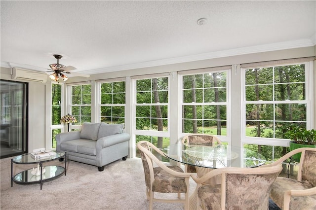 32 Par Harbor Way, Salem, SC 29676 - sunroom / solarium with a wall mounted air conditioner, crown molding, ceiling fan, carpet flooring, and outdoor dining space