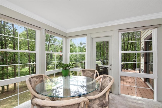 32 Par Harbor Way, Salem, SC 29676 - sunroom featuring outdoor dining area, crown molding, and carpet flooring