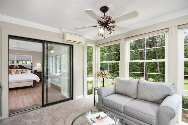 32 Par Harbor Way, Salem, SC 29676 - sunroom / solarium with a wall unit AC, ceiling fan, an outdoor hangout area, crown molding, and healthy amount of natural light