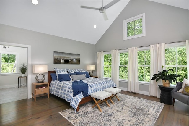 224 Edgewood Dr, Seneca, SC 29678 - bedroom with high vaulted ceiling, dark wood finished floors, and ceiling fan