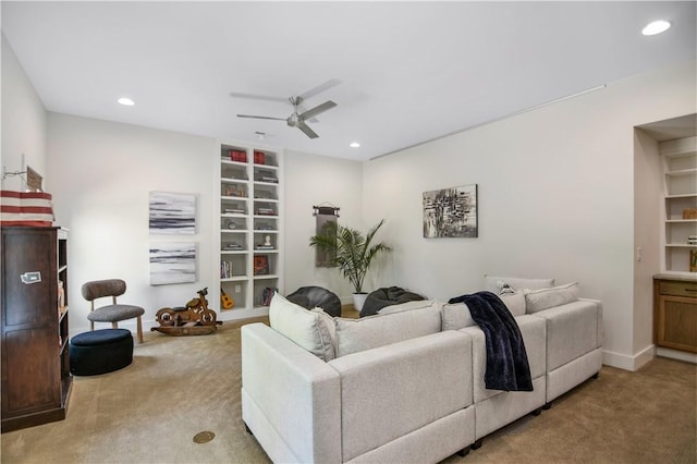 224 Edgewood Dr, Seneca, SC 29678 - living area with carpet floors, a ceiling fan, recessed lighting, and built in shelves