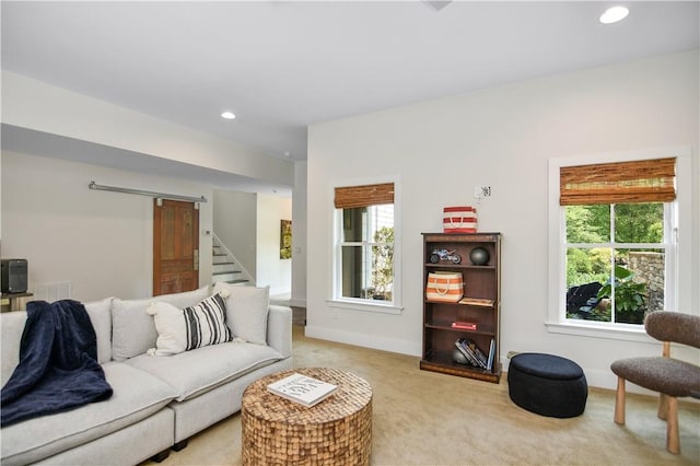 224 Edgewood Dr, Seneca, SC 29678 - living area with light carpet, stairway, and recessed lighting