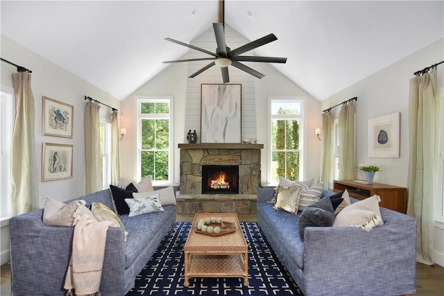 224 Edgewood Dr, Seneca, SC 29678 - living area with a ceiling fan, wood finished floors, and a fireplace