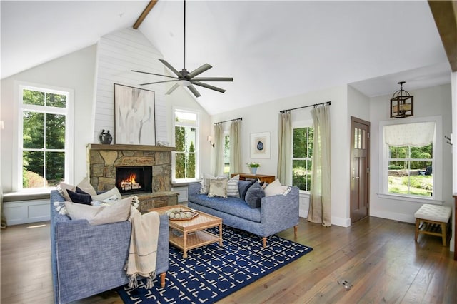 224 Edgewood Dr, Seneca, SC 29678 - living area featuring hardwood / wood-style flooring, a ceiling fan, and a stone fireplace