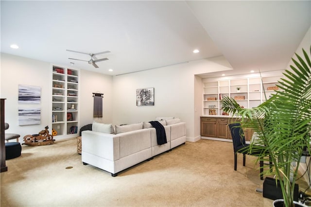 224 Edgewood Dr, Seneca, SC 29678 - living room with light carpet, built in features, recessed lighting, and ceiling fan