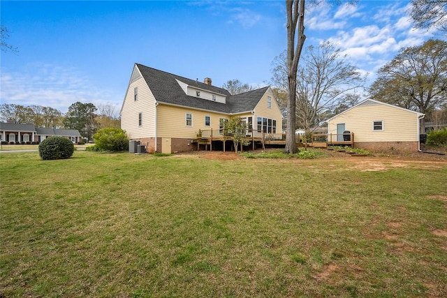 401 Berkshire Hl, Anderson, SC 29621 - back of property with a wooden deck, central AC unit, a yard, and a chimney