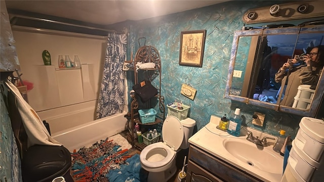 bathroom with wallpapered walls, shower / tub combo with curtain, toilet, and vanity