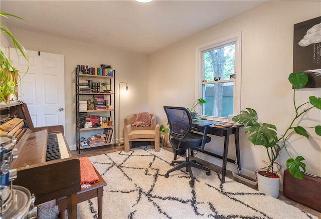 home office featuring wood finished floors and baseboards