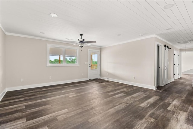 101 Fairview Dr, Greenville, SC 29609 - unfurnished living room with dark wood-style flooring, crown molding, ceiling fan, baseboards, and recessed lighting