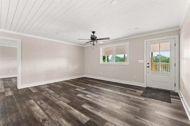 101 Fairview Dr, Greenville, SC 29609 - foyer featuring crown molding, dark wood-type flooring, a ceiling fan, baseboards, and wooden ceiling
