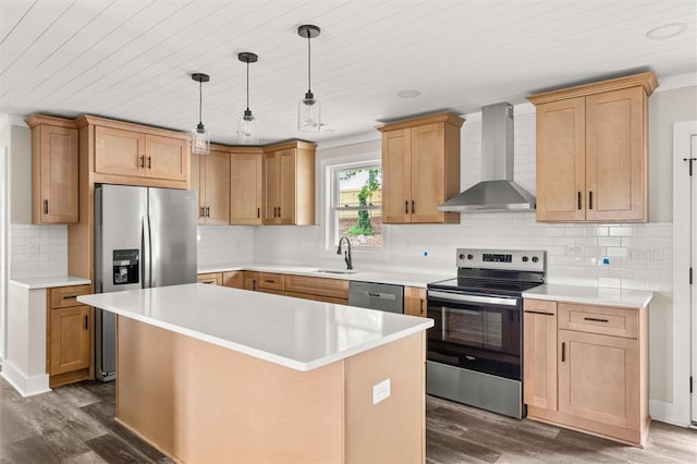 101 Fairview Dr, Greenville, SC 29609 - kitchen with stainless steel appliances, wall chimney exhaust hood, dark wood-style flooring, a sink, and wood ceiling