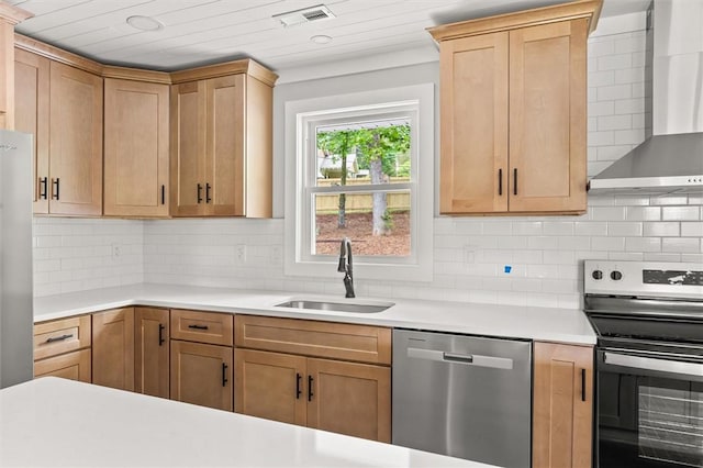 101 Fairview Dr, Greenville, SC 29609 - kitchen featuring stainless steel appliances, wall chimney exhaust hood, a sink, light countertops, and decorative backsplash