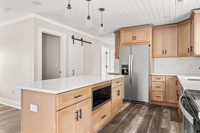 101 Fairview Dr, Greenville, SC 29609 - kitchen with stainless steel fridge with ice dispenser, built in microwave, dark wood-style flooring, range, and light brown cabinetry