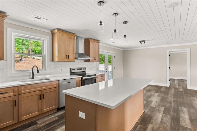 101 Fairview Dr, Greenville, SC 29609 - kitchen with a sink, stainless steel appliances, wall chimney range hood, wooden ceiling, and light countertops