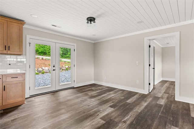101 Fairview Dr, Greenville, SC 29609 - unfurnished dining area with french doors, ornamental molding, dark wood-type flooring, wooden ceiling, and baseboards