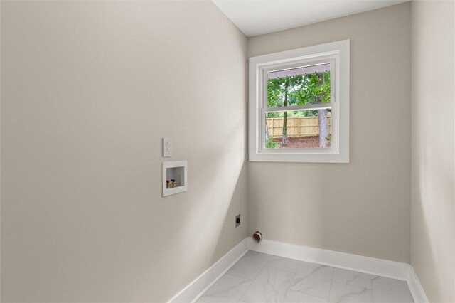 101 Fairview Dr, Greenville, SC 29609 - clothes washing area featuring baseboards, washer hookup, light marble finish flooring, and hookup for an electric dryer