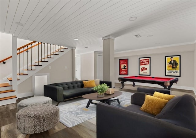 101 Fairview Dr, Greenville, SC 29609 - living area with billiards, stairway, wood finished floors, baseboards, and wood ceiling