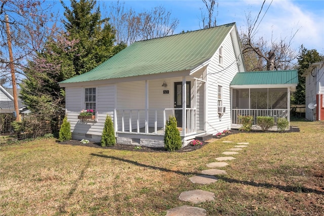 60 N Humphrey St, Inman, SC 29349 - rear view of property featuring crawl space, a porch, a yard, a sunroom, and metal roof