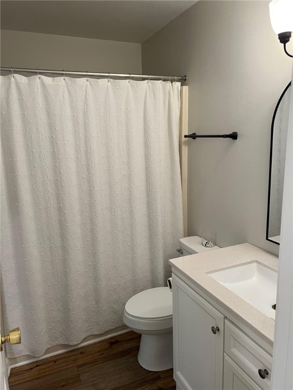 2153 Shea Ln, Seneca, SC 29672 - bathroom featuring wood finished floors, toilet, vanity, and a shower with shower curtain