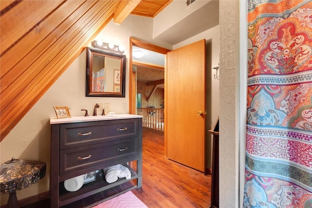 220 Family Dr, Seneca, SC 29678 - bathroom featuring wood finished floors, vanity, wood ceiling, and a shower with curtain