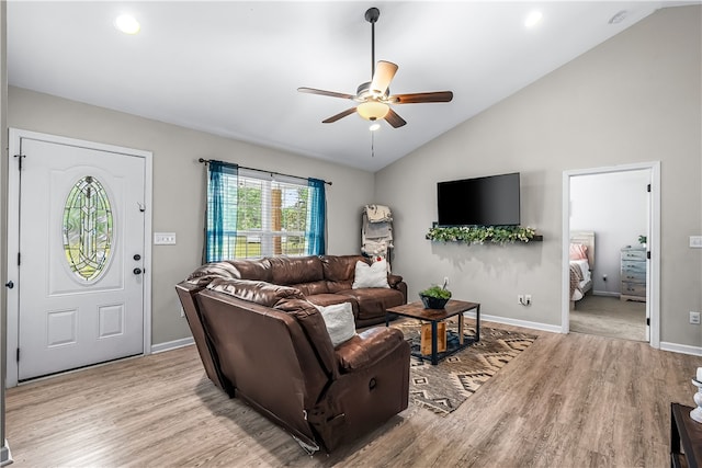 600 Brook St, Honea Path, SC 29654 - living room featuring light wood-style flooring, ceiling fan, high vaulted ceiling, and recessed lighting