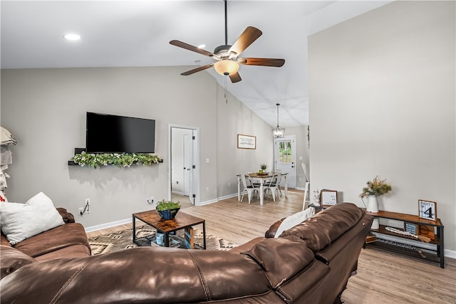600 Brook St, Honea Path, SC 29654 - living room featuring high vaulted ceiling, light wood-style flooring, and ceiling fan