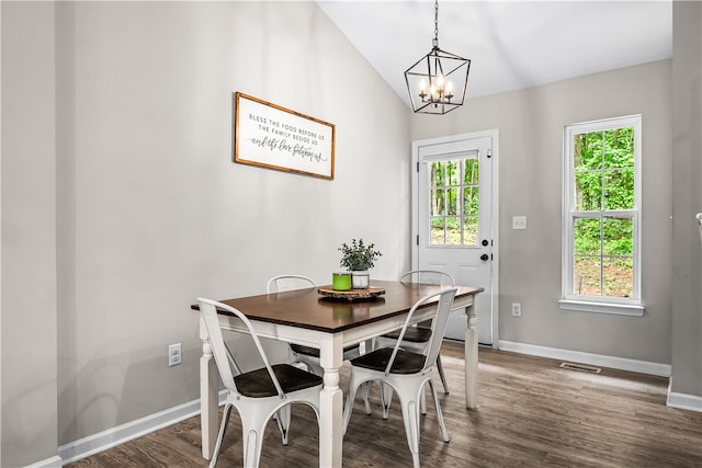 600 Brook St, Honea Path, SC 29654 - dining space with a chandelier, dark wood-type flooring, and lofted ceiling