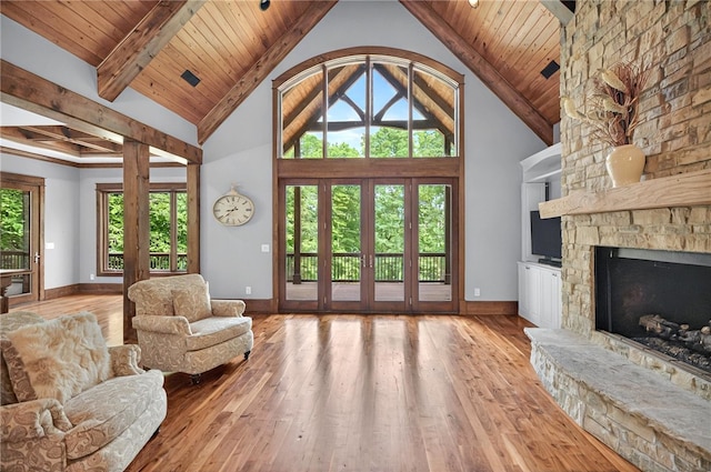 503 Greystoke Cv, Seneca, SC 29678 - living room with baseboards, hardwood / wood-style floors, plenty of natural light, wood ceiling, and beam ceiling