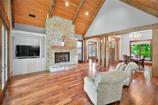 503 Greystoke Cv, Seneca, SC 29678 - living room with a chandelier, wooden ceiling, wood finished floors, high vaulted ceiling, and a fireplace