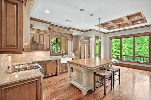503 Greystoke Cv, Seneca, SC 29678 - kitchen featuring a sink, crown molding, healthy amount of natural light, light stone counters, and decorative backsplash