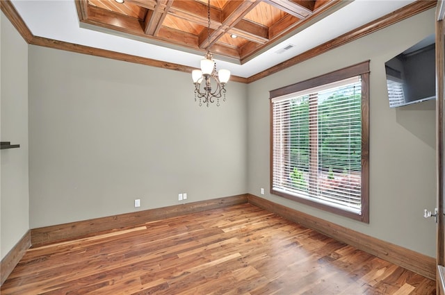 503 Greystoke Cv, Seneca, SC 29678 - unfurnished room featuring crown molding, light wood-type flooring, coffered ceiling, a chandelier, and baseboards