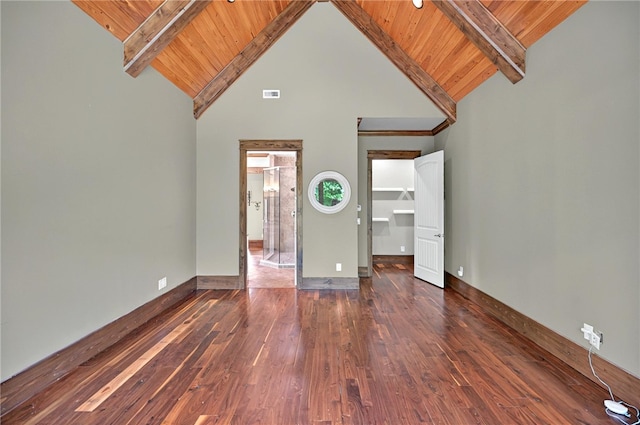 503 Greystoke Cv, Seneca, SC 29678 - unfurnished bedroom featuring dark wood-type flooring, wooden ceiling, beam ceiling, high vaulted ceiling, and baseboards