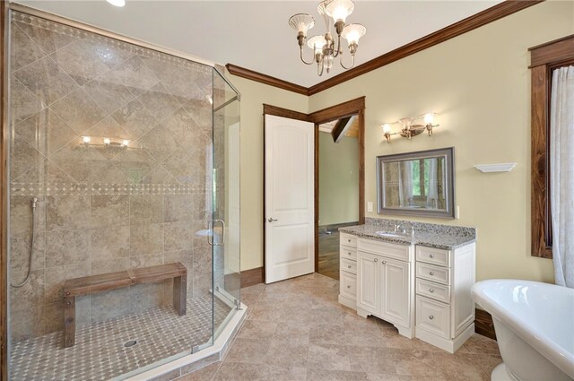 503 Greystoke Cv, Seneca, SC 29678 - bathroom with a chandelier, a soaking tub, a shower stall, vanity, and ornamental molding