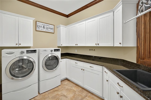503 Greystoke Cv, Seneca, SC 29678 - laundry area featuring cabinet space, ornamental molding, and washing machine and dryer
