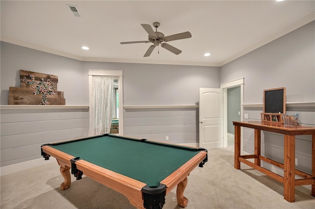 503 Greystoke Cv, Seneca, SC 29678 - rec room with recessed lighting, billiards table, ceiling fan, carpet flooring, and crown molding