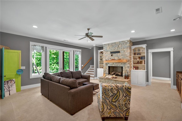 503 Greystoke Cv, Seneca, SC 29678 - living area featuring crown molding, light colored carpet, ceiling fan, baseboards, and recessed lighting