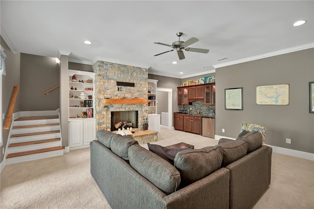 503 Greystoke Cv, Seneca, SC 29678 - living room featuring light carpet, stairway, a fireplace, ceiling fan, and recessed lighting