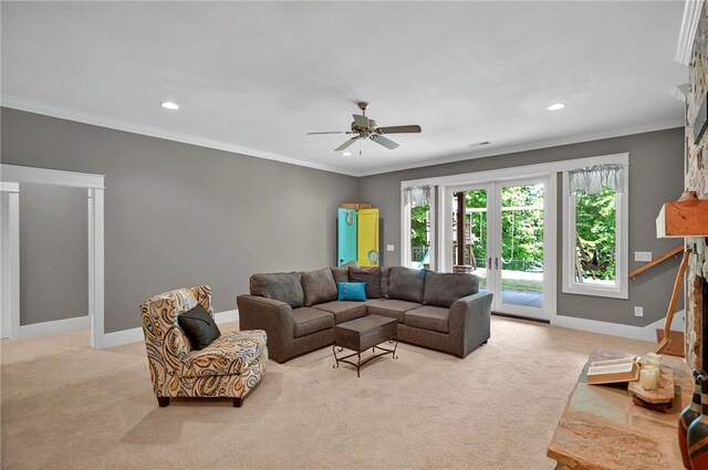 503 Greystoke Cv, Seneca, SC 29678 - carpeted living room with ceiling fan, baseboards, recessed lighting, and crown molding