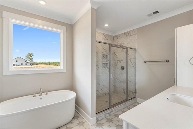1004 Gaineswood Rd, Anderson, SC 29625 - full bathroom with baseboards, a marble finish shower, a soaking tub, recessed lighting, and a sink
