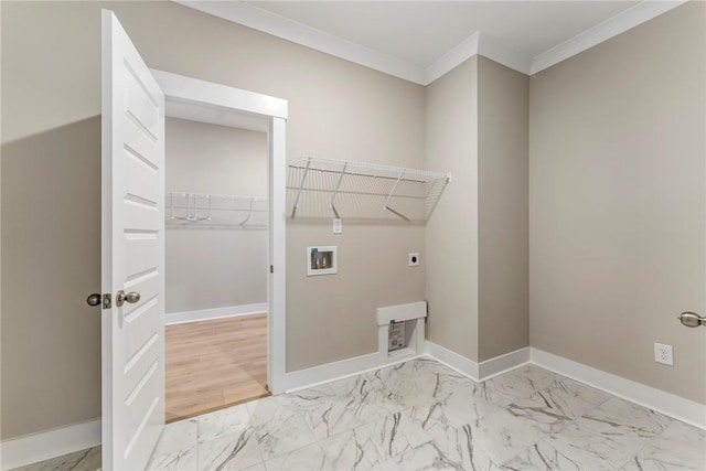 1004 Gaineswood Rd, Anderson, SC 29625 - clothes washing area featuring electric dryer hookup, washer hookup, marble finish flooring, baseboards, and ornamental molding