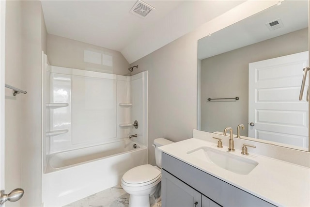 1004 Gaineswood Rd, Anderson, SC 29625 - full bathroom with marble finish flooring, toilet, vanity, bathing tub / shower combination, and lofted ceiling